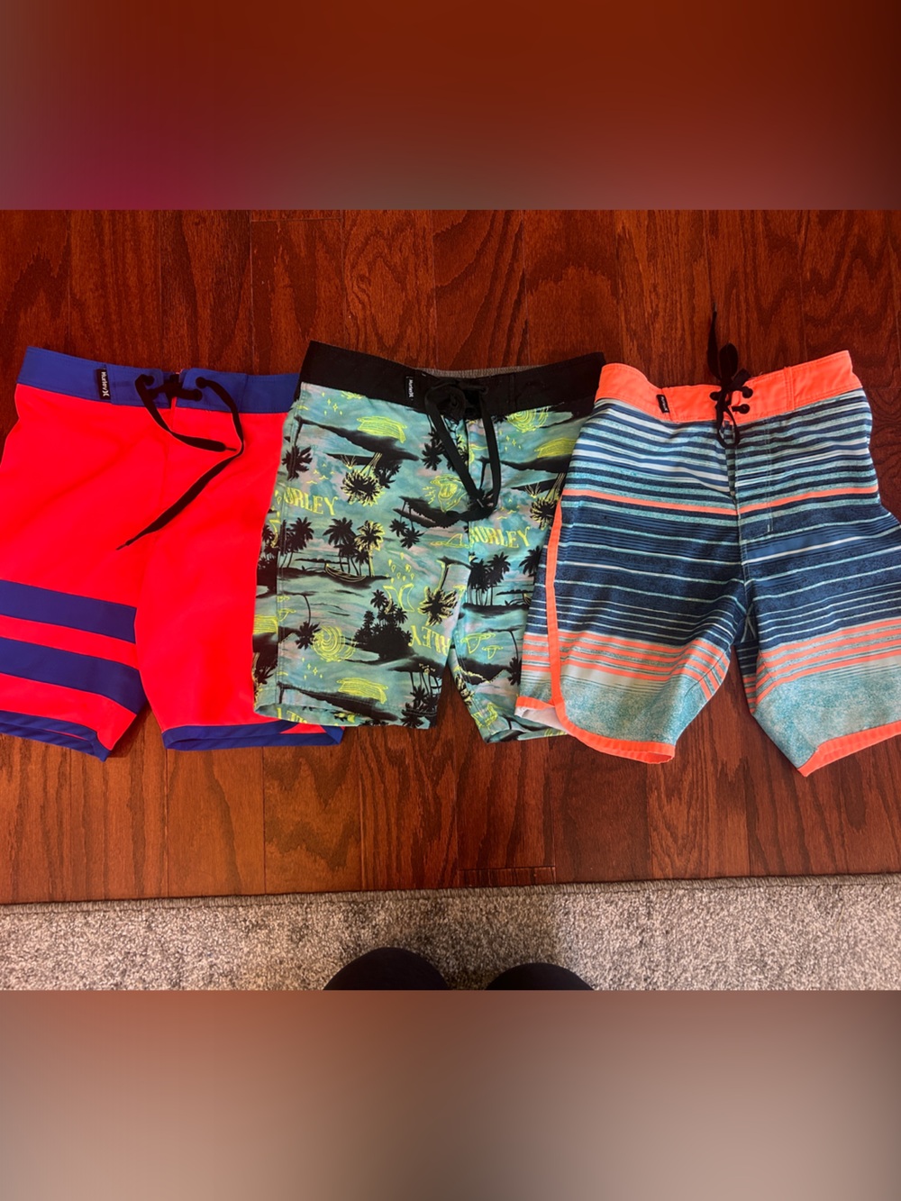 Set of 3 Youth Swim Trunks - Hurley Size 7 Red, Tropical Print, Blue Stripe